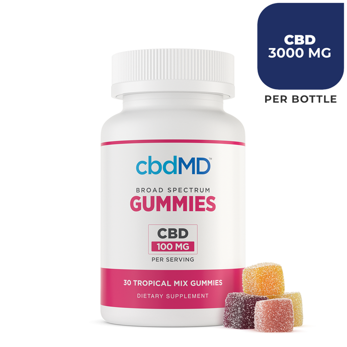 cbdMD Broad Spectrum Tropical Gummies 3000mg bottle, 100mg cbd per gummy 30 count
