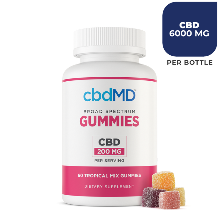 cbdMD Broad Spectrum Tropical Gummies 6000mg bottle, 200mg cbd per gummy 30 count