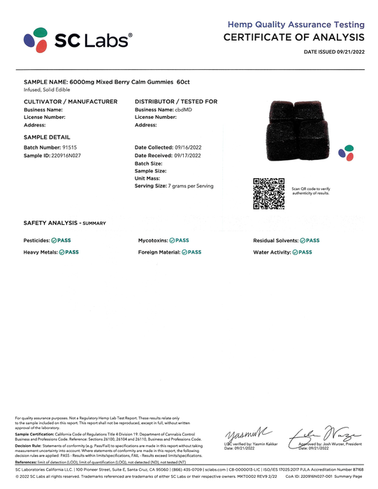 cbdmd 6000mg mixed berry calm gummies hemp quality assurance testing certificate of analysis