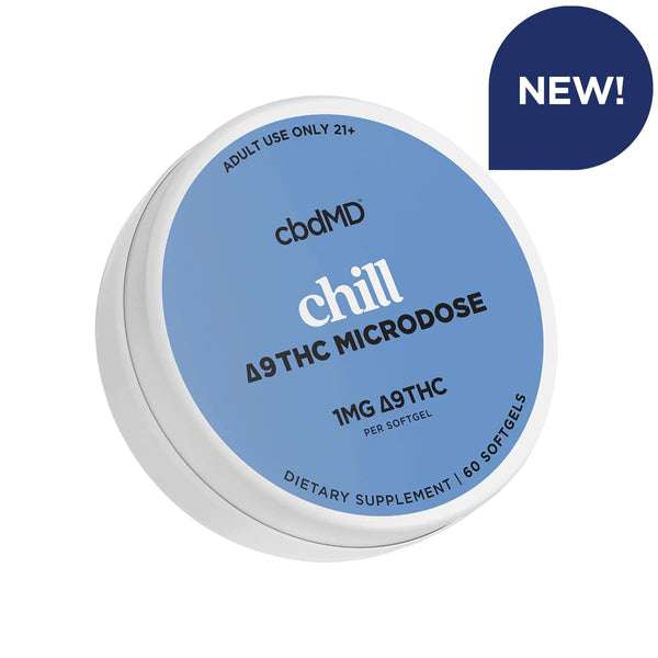 Compact 'Chill' tin containing cbdMD Delta 9 Microdose Capsules for on-the-go relaxation