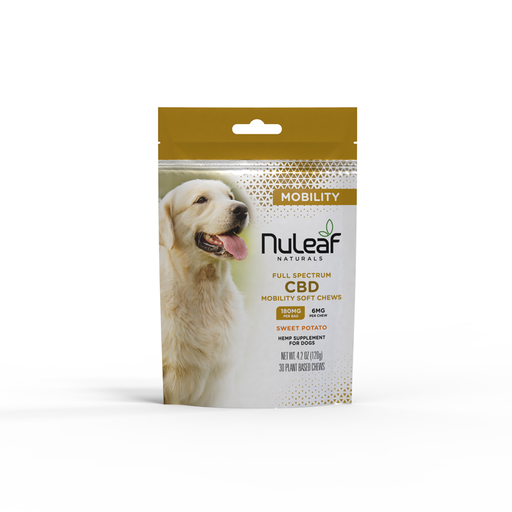 Nuleaf Naturals mobility full spectrum cbd dog chews 180mg sweet potato flavor 30 count.