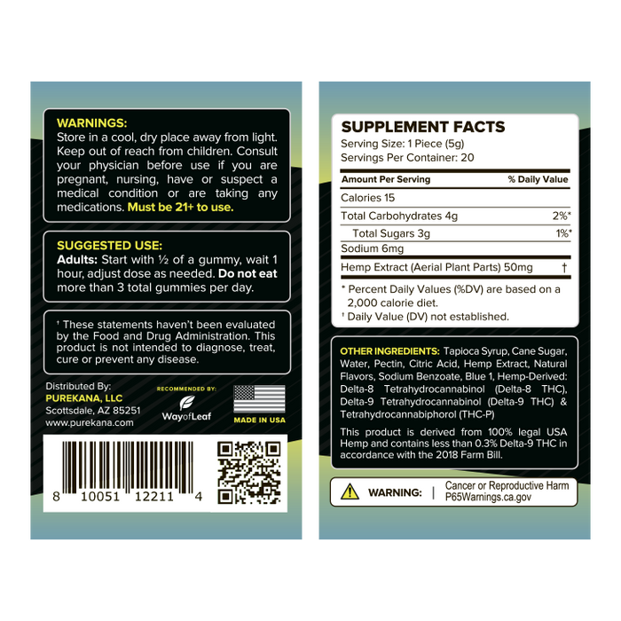 Purekana extra strength Delta-8 Delta-9 THC-p Vegan gummies 1000mg 50mg per serving Blueberry lemonade supplement facts