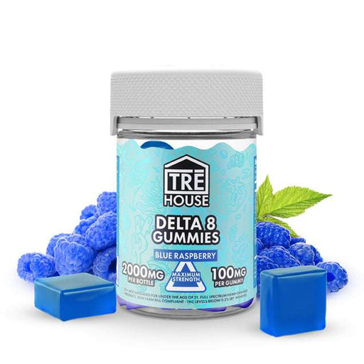 Blue raspberry flavored TRĒ House Delta 8 gummies 2000mg