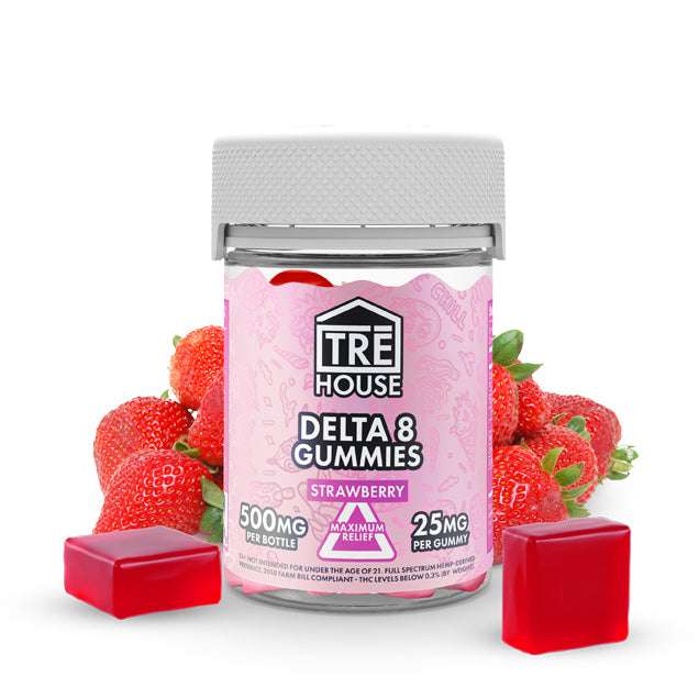 High-potency TRĒ House Strawberry Delta 8 Gummies in a 500mg 20 gummy pack