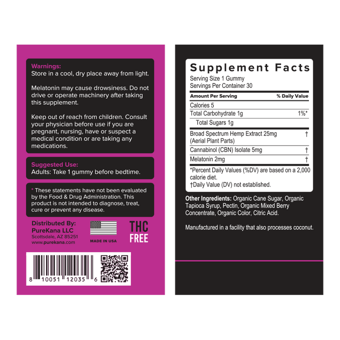 PureKana Sleep-Aid Gummies + Melatonin Berry Flavored 25mg cbd + 5mg CBN per serving. 20 vegan gummies supplement facts