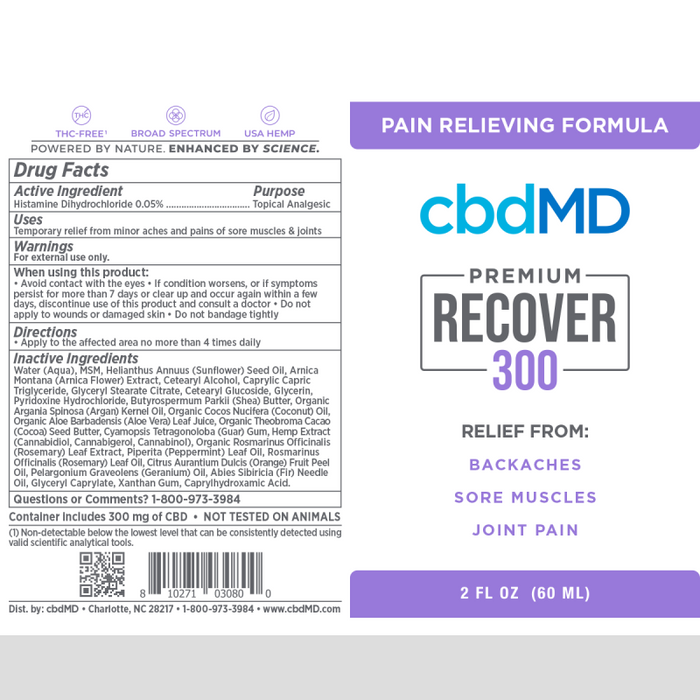 cbdMD Recover Squeeze Inflammation Formula 300mg Drug Facts