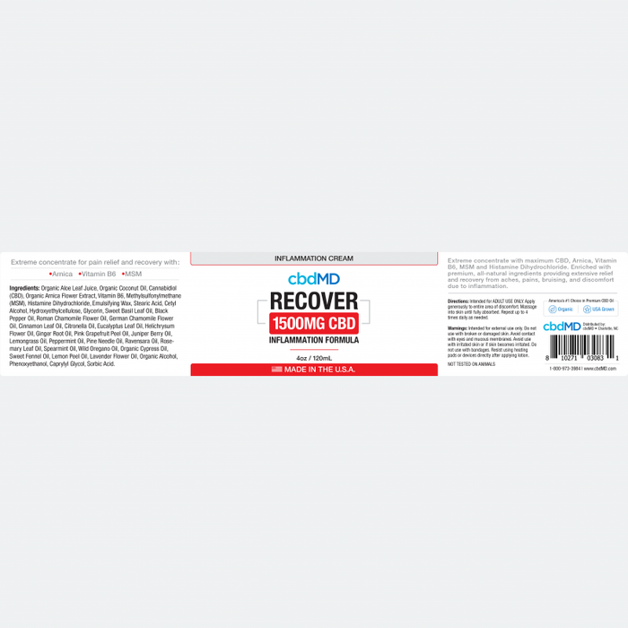 cbdmd premium recover tub pain reliving formula 1500mg 4fl oz backaches, sore muscles, join pain and more.